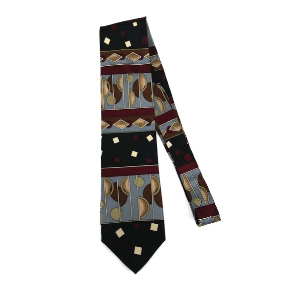 Stuart Brooks Mens Necktie 100% Silk Black Red Geometric Tie - 57.50" x 3.75" - Picture 3 of 6